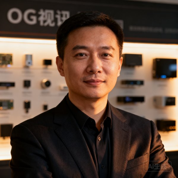 OG视讯创始人兼CEO刘卓华正面半身照，穿着深色西装，背景为公司产品展示墙