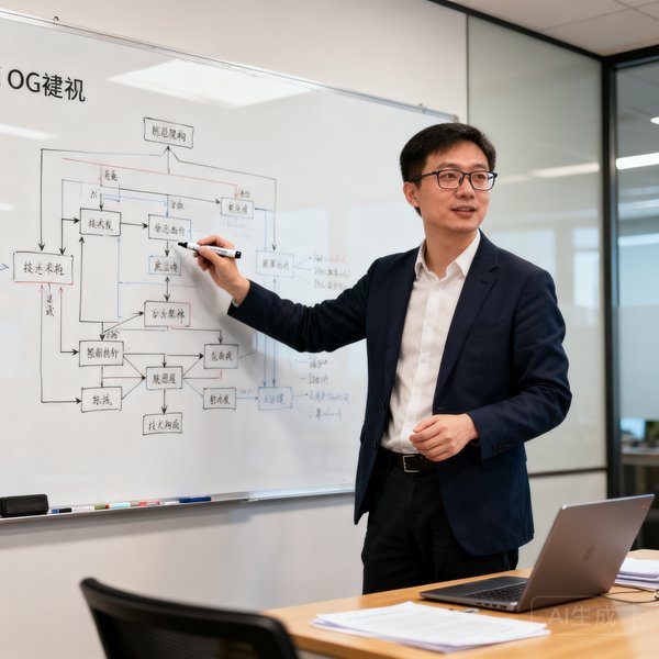 OG视讯联合创始人兼CTO陈思启半身照，戴眼镜，正在白板前讲解技术架构