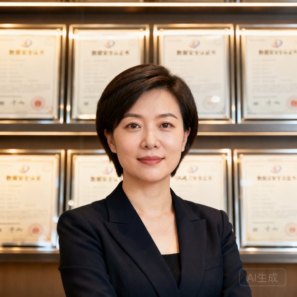 OG视讯安全总监王瑜女士职业照，短发干练，身后是数据安全认证证书展示柜